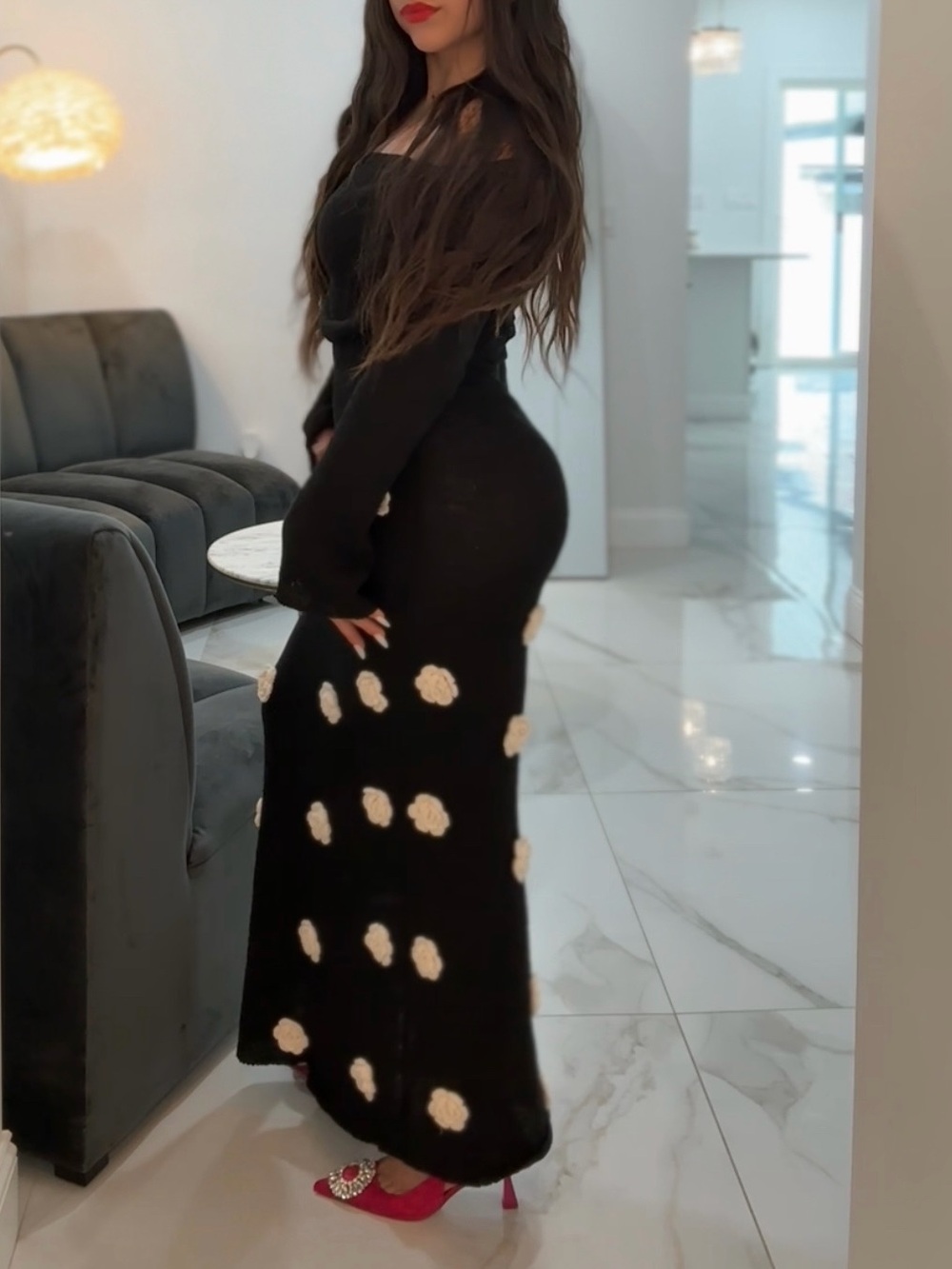 Meshki Black Maxi Dress with Cream Rosette Embellishments